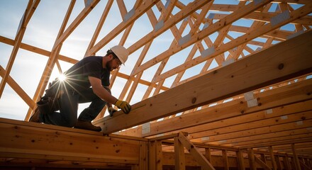 Construction worker building wooden house frame at sunny site