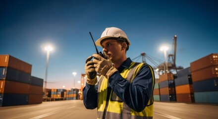 Young man dock worker communicating with walkie talkie at night. Logistics manager managing cargo, freight, container terminal operations.