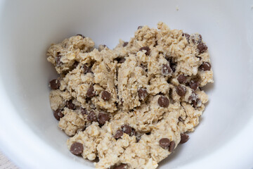 Chocolate chip cookie dough in the bowl.