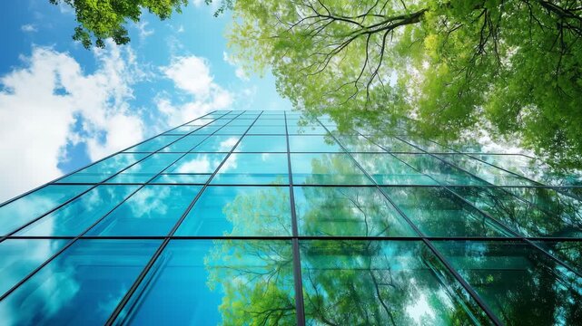 Looking up at a glass highrise building reflecting the sky and trees in a city on a sunny day