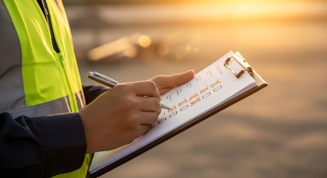 Construction worker filling out checklist on clipboard outdoors