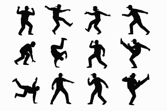 Dance Move Silhouette Pack Silhouettes showing hip hop steps jumps spins slides poses kicks and freestyle moves for dance charts.