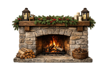 Fototapeta premium Stone fireplace with lit fire, logs, garland, lanterns, and candles, celebrating christmas and winter holidays, transparent background