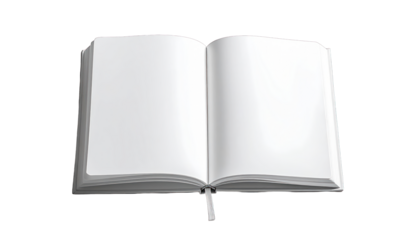 An open blank book with pages facing upwards is displayed on a plain background viewed from directly above