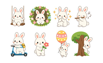 Fototapeta premium Collection of cute cartoon bunnies engaged in various playful activities and Easter themes