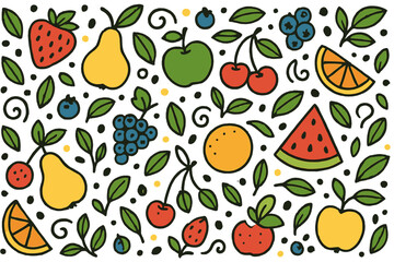 Obraz premium Pattern mixing cute fruits leaves seeds curls slices berries and specks for packaging and stationery.