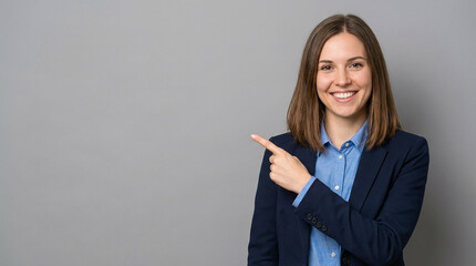 Happy young smiling professional business woman wearing blue shirt looking at camera pointing finger away at space showing aside presenting advertising offer standing isolated at gray background 