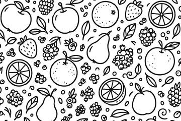 Pattern composed of fruits like apples oranges berries pears leaves seeds curls and slices for packaging.