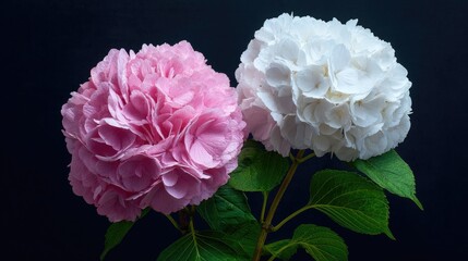 Obraz premium Two large, full blooms of pink and white blossoms stand out against a dark background