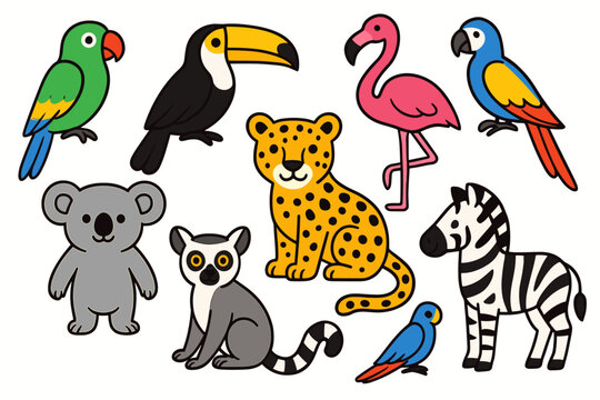 Bright flat exotic animals including parrot toucan flamingo koala leopard zebra lemur and macaw for kids sets.