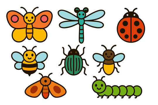 Bright flat insect set including butterfly dragonfly bee ladybug beetle moth firefly and caterpillar for kids materials.