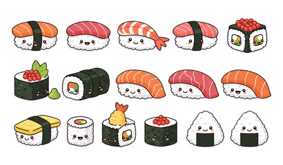 Cute sushi flat cartoon vector set isolated on white background © MdAshik