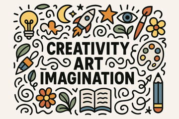 Creativity art imagination flat vector doodle poster central headline drawing motifs.