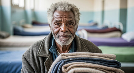 Elderly man with gray hair is holding neatly stacked blankets in a shelter, surrounded by empty beds, conveying warmth and community support