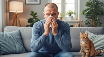 Man experiencing allergy symptoms while sitting on a couch with a cat nearby, showcasing the impact of pet allergies in a cozy living room setting