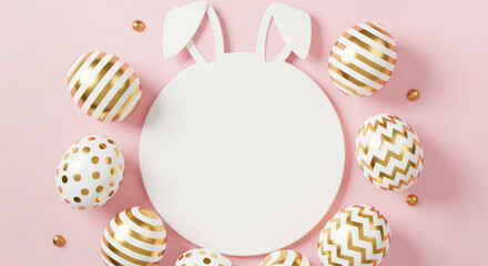 Easter-themed decoration featuring a white bunny plate with golden eggs arranged on a pink background, ideal for festive celebrations and invitations