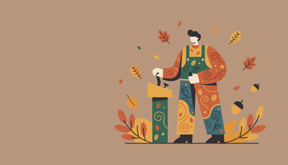 Fototapeta premium Flat graphic of a craftsman surrounded by colorful fall leaves symbolizing harvest or seasonal work