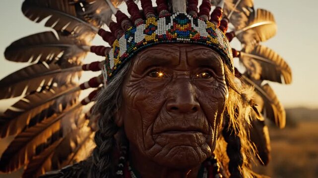 Majestic Elder Native American Chief in Golden Hour Sunlight, Tribal Headdress