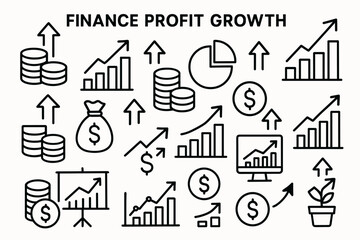 Fototapeta premium Finance profit growth vector icons poster with headline and upward arrows coins charts.
