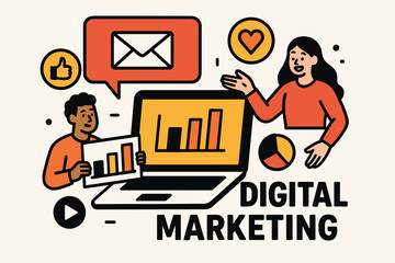 Digital marketing promo flat vector banner with laptop message icons charts and creators.