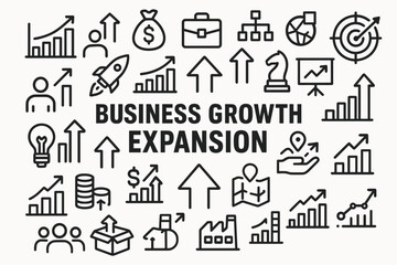 Business growth expansion vector icons poster bold central headline arrow symbols.