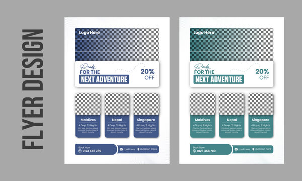 Modern Travel Agency Flyer Design with Adventure Tour Promotion, Vacation Destinations, Discount Offer, Holiday Trip Packages, Clean Corporate Tourism Marketing Poster Template