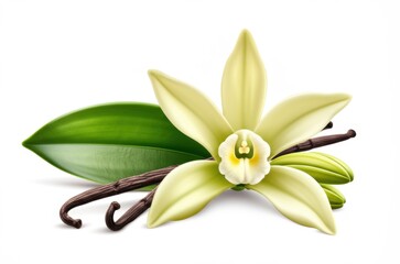 Fototapeta premium Vanilla flower with white petals and yellow stamens is surrounded by green leaves and dark pods. The elegant composition on a white background highlights the exotic beauty of nature.