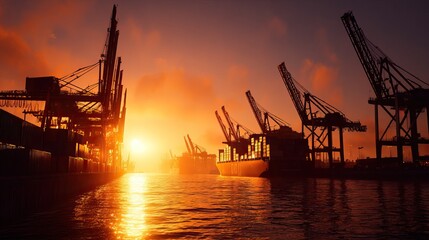 Fototapeta premium Industrial container port with cargo ships and heavy cranes at work. AI generated image