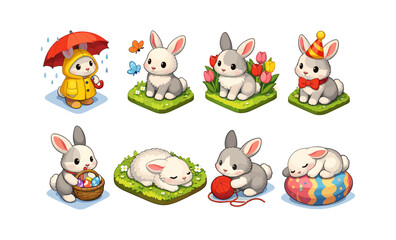 Cute cartoon bunnies in various adorable Easter and spring themed scenes