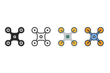 Drone quadcopter flyer four style vector icon set depicting aerial device variants.