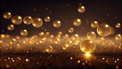 Floating Golden Bubbles and Glittering Particles on Dark Surface Keywords: gold, bubbles, spheres
