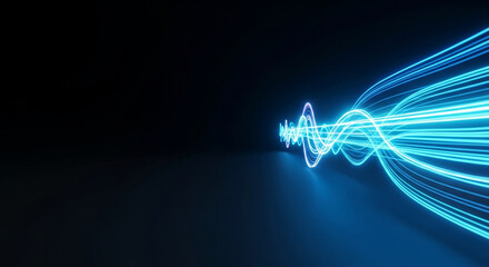 A vibrant blue light trail swoops across a dark background with a shallow depth of field and cinematic lighting conveying a dynamic and energetic mood.