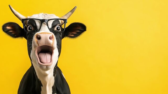 A funny shocked cow with glasses shows a surprised look against a solid yellow background while reacting to interesting offer, free space
