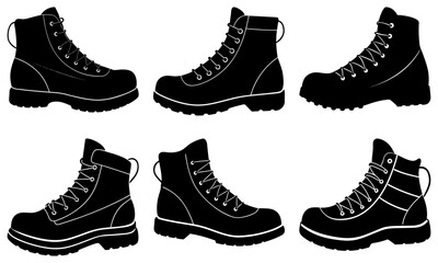 Six Black Hiking Boots Silhouettes on White Background black boots boot silhouettes