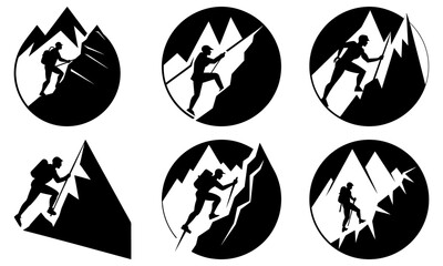 Climbers on mountain peaks with flags in silhouette on transparent background