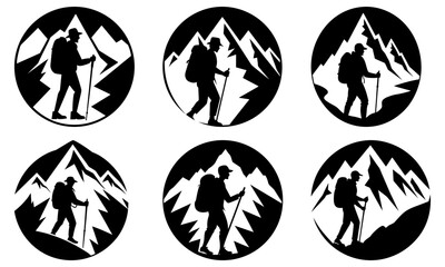 Hiker with backpack trekking in mountains silhouette on transparent background
