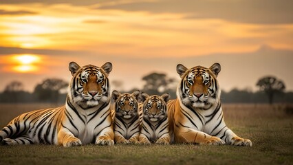 Fototapeta premium Majestic tiger family resting in savanna at sunset, Bengal tiger parents with two cubs in wild safari landscape, golden hour wildlife photography isolated PNG with Transparent Background