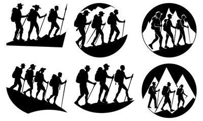 Group of Hikers with Backpacks and Walking Sticks on White Background silhouette