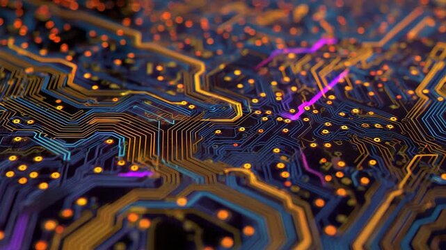 Complex layout and vibrant colors of a circuit board as details emerge highlighting technology and engineering