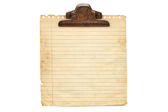 Vintage lined paper with aged design held by rusted clipboard clip providing copy space on transparent background