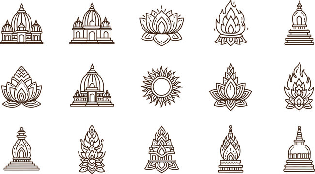 Collection of 12 temple illustrations isolated on transparent background