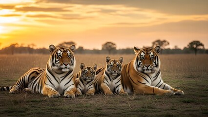 Fototapeta premium Majestic tiger family resting in savanna at sunset, wild Bengal tigers with cubs in golden hour light, exotic wildlife group in African landscape isolated PNG with Transparent Background