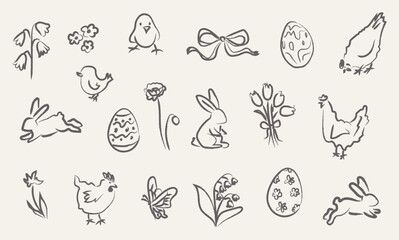 Hand drawn whimsy Easter icon collection with bunny, chick, egg, flower, bow. Childish sketch doodle set in crayon texture style for spring holiday design. Vector illustration on isolated background.