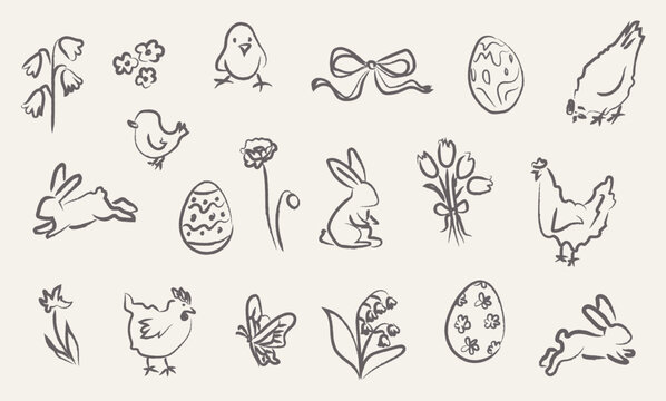 Hand drawn whimsy Easter icon collection with bunny, chick, egg, flower, bow. Childish sketch doodle set in crayon texture style for spring holiday design. Vector illustration on isolated background.