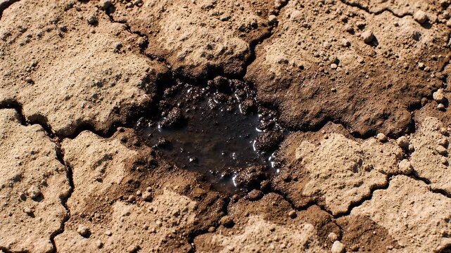 Dry Cracked Earth with Oil Spill.