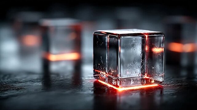 Abstract illuminated cube displayed on reflective dark surface