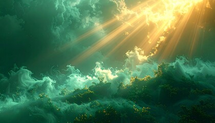 Sunlight shining through clouds onto ocean waves from above with dramatic cloudy sky