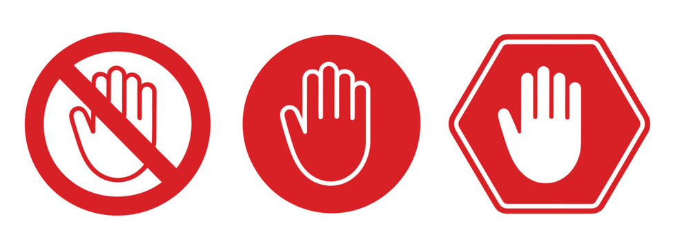 Red stop hand block octagon sign, Adblock, do not enter, or forbidden icon, vector illustration of red and black stop sign with hand symbol isolated on white background for web