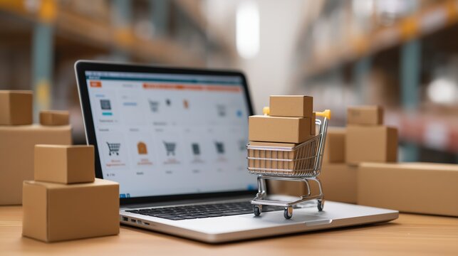 Laptop displaying an online store with a mini shopping cart full of delivery boxes, representing online shopping and logistics