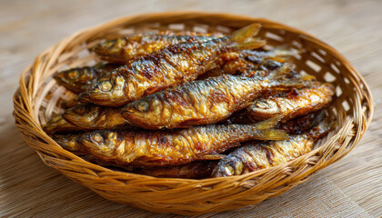 Obraz premium Smoked Herring in Wicker Basket on Wooden Table